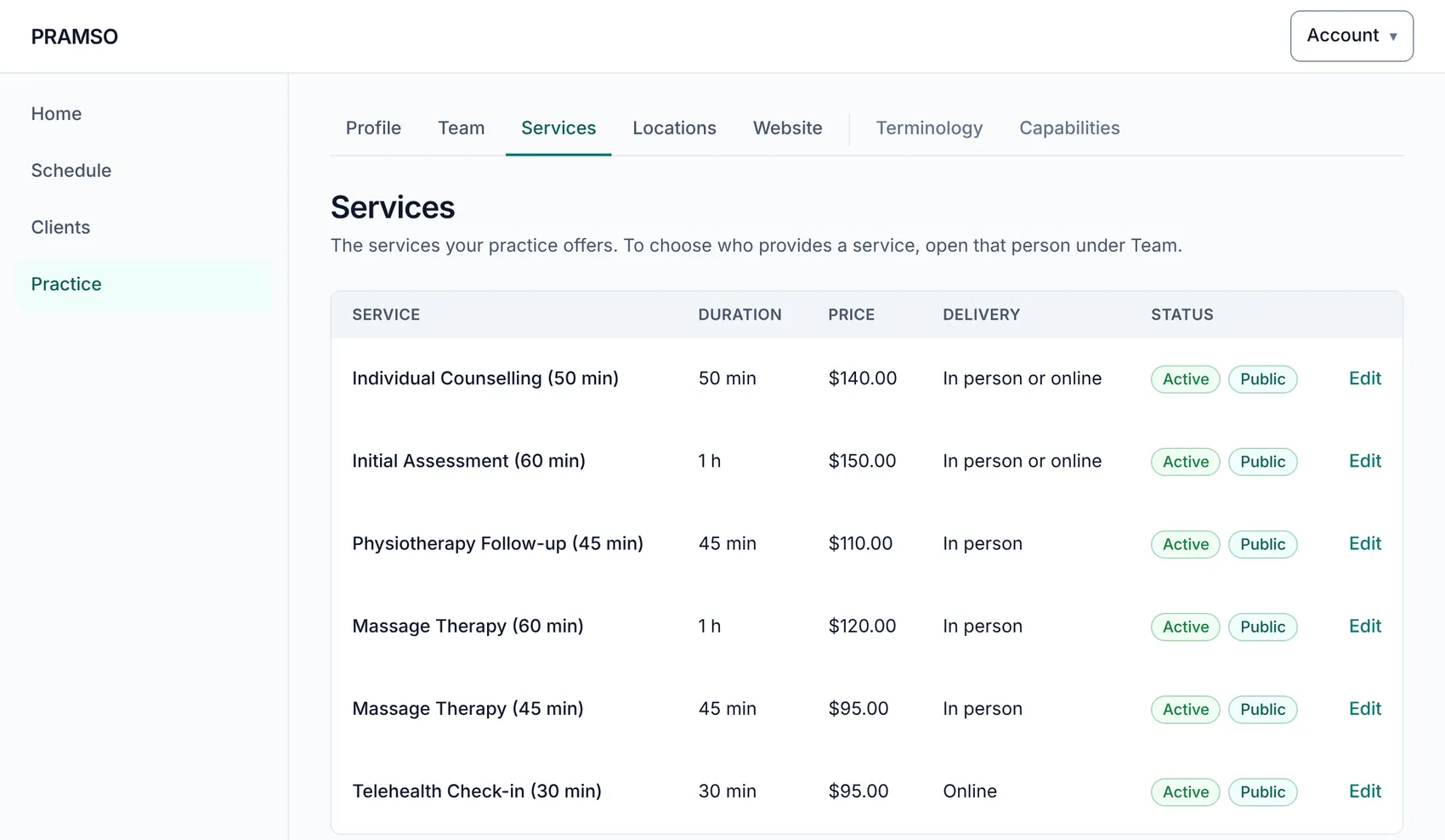 The PRAMSO practice setup screen listing a practice's services with their length and price.
